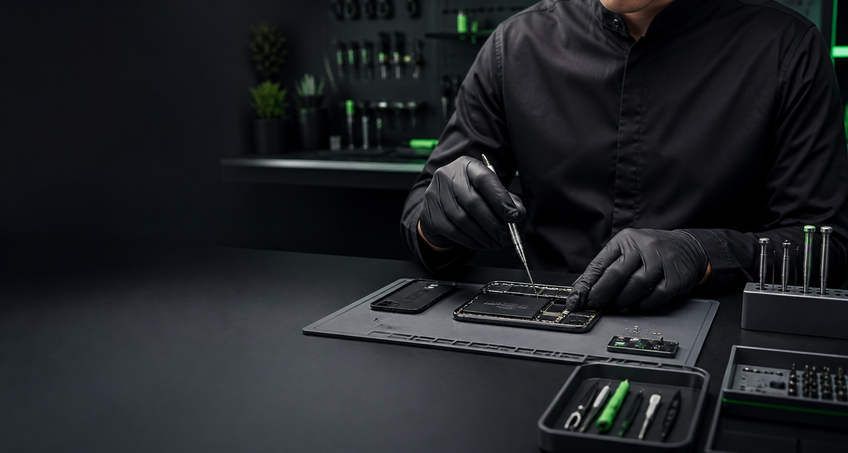 Profissional realizando avaliação técnica em um smartphone